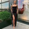 Macheda Autumn Women Spaghetti Strap Dress Autumn Sexy Split Solid Slim Lady Ankle Length Vintage Wear Dress 2019 New - Hplify