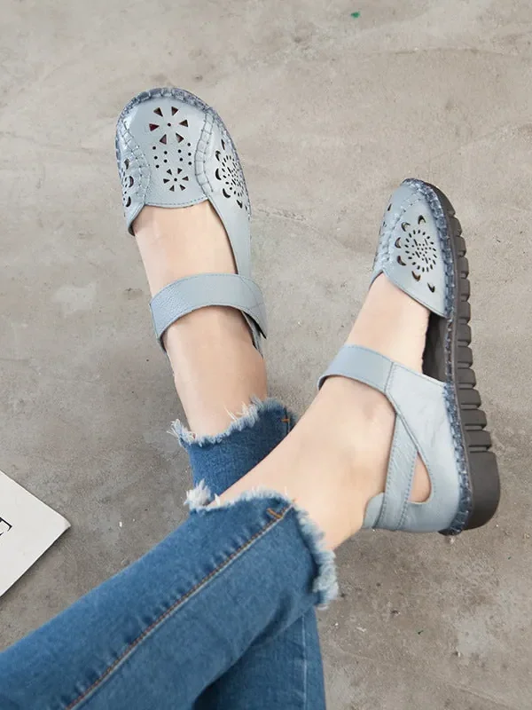 Alternative view of Summer Leather Sandals Women's Flat Heel Hollow Retro Soft Sole Comfortable