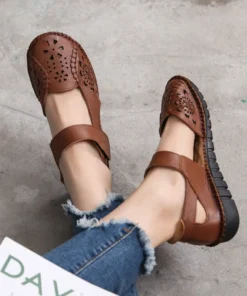 Summer Leather Sandals Women's Flat Heel Hollow Retro Soft Sole Comfortable