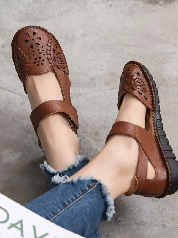 Summer Leather Sandals Women's Flat Heel Hollow Retro Soft Sole Comfortable