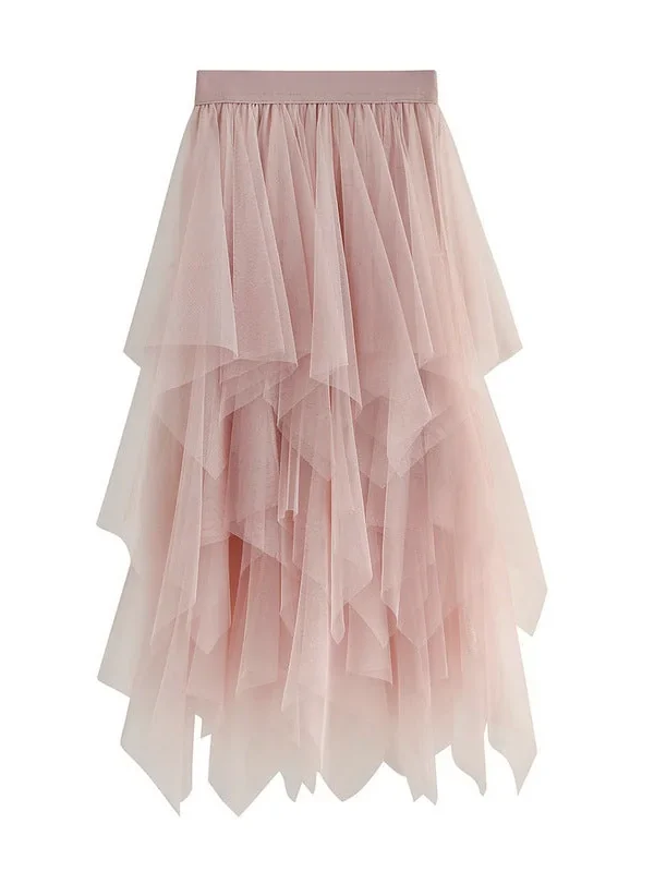 High Waist Slimming Flower Bud Irregular Mesh Skirt