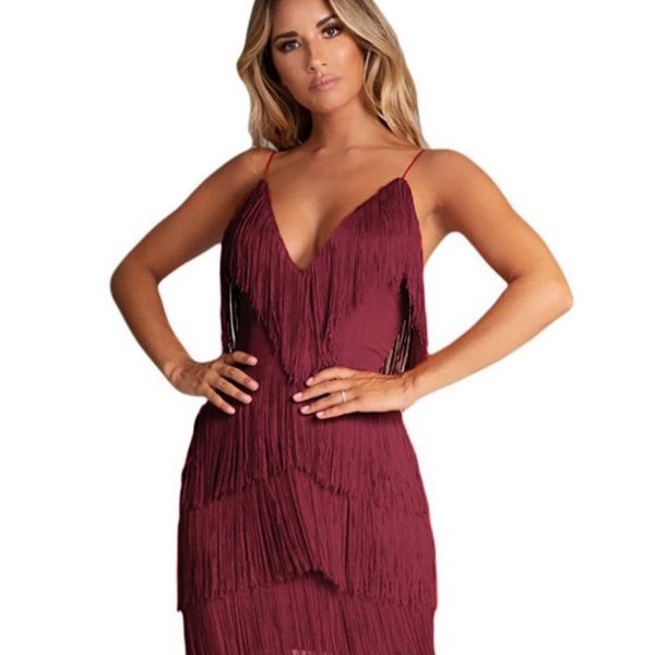 Alternative view of Tassel Stitching Backless Dress Deep V Neck Dress