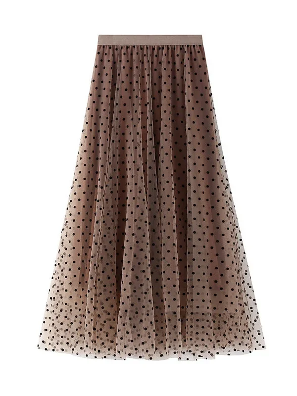 Polka Dot Mesh Skirt Mid Length A-Line Skirt