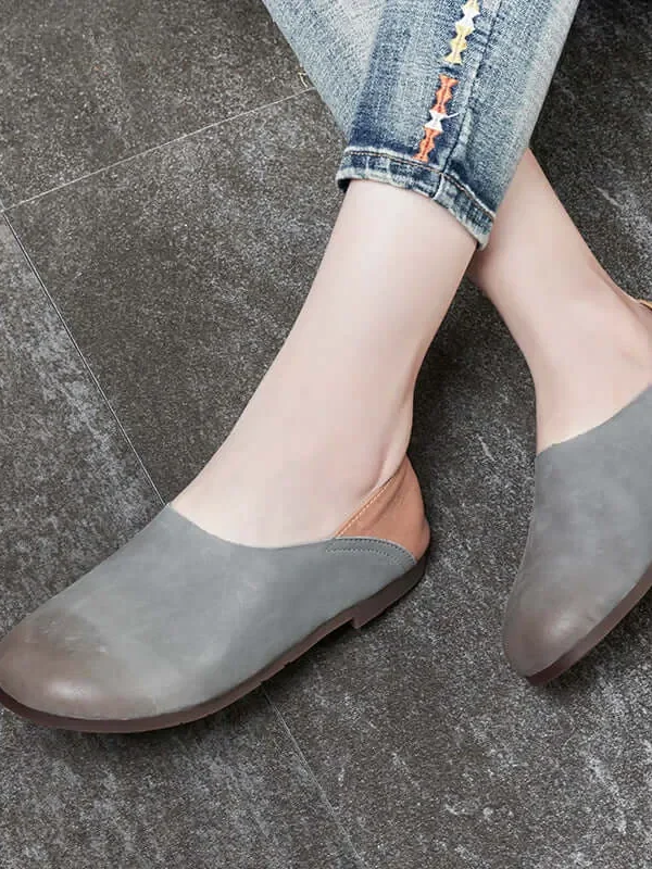 Womens Leather Flat Shoes Colorblock Vintage Shoes