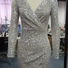 Autumn Women Elegant Shinny Mini Party Dress Female V-Neck Slinky Sparkly Dress Surplice Wrap Ruched Sequins Bodycon Dress - Hplify