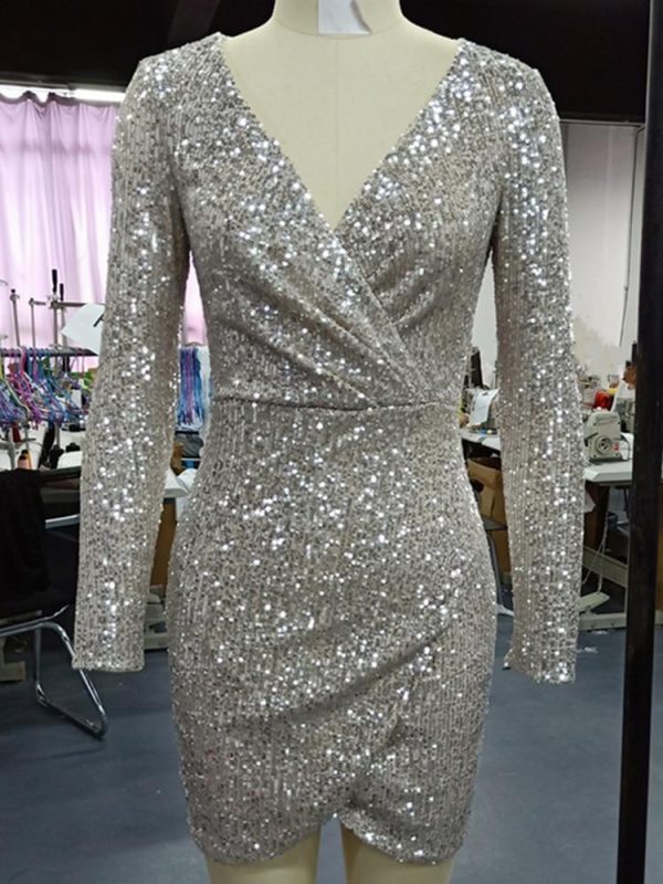 Autumn Women Elegant Shinny Mini Party Dress Female V-Neck Slinky Sparkly Dress Surplice Wrap Ruched Sequins Bodycon Dress - Hplify