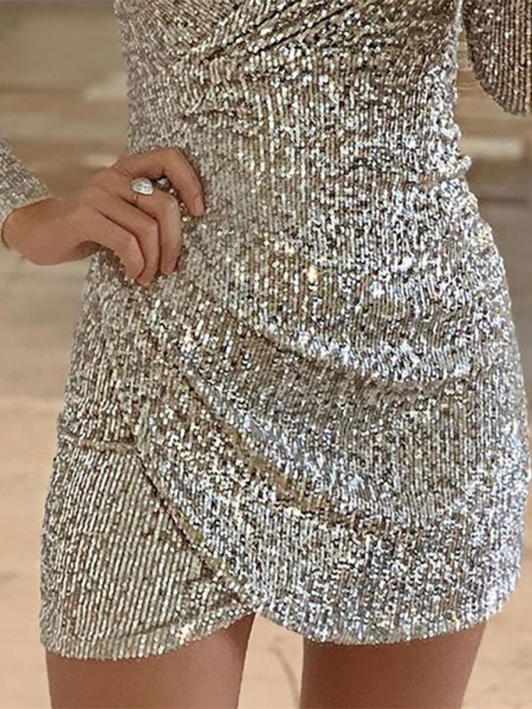 Autumn Women Elegant Shinny Mini Party Dress Female V-Neck Slinky Sparkly Dress Surplice Wrap Ruched Sequins Bodycon Dress - Hplify