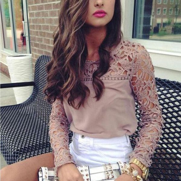 The Best 2019 Elegant Women Ladies Chiffon Lace Shirt arrival Ladies Casual Solid Summer Outdoor Long Sleeve O-Neck Loose Tops New Online - Hplify