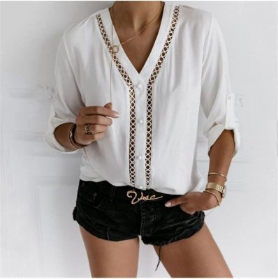 The Best 2019 Fashion Summer Women's Long Sleeve T Shirt OL Ladies V Neck Loose White Top Workout Streetwear Women Clothes Online - Hplify