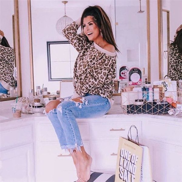 The Best 2019 Fashion Women Autumn Long Sleeve One Shoulder Top Leopard Tee Shirt Femme Ladies Tops Shirt Streetwear Online - Hplify