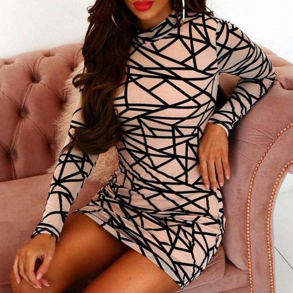 The Best 2019 Fashion Women Dress Sexy Perspective Dress Bodycon Slim Striped Pencil Dress Club Turtleneck Long Sleeve Party Mini Dresses Online - Hplify