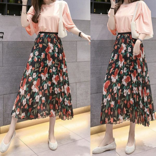 The Best 2019 Fashion Women Floral Pleated Boho Midi Skirt High Waist Ladies Casual Summer Party Cocktail Wrap Skirt Sundress Online - Hplify