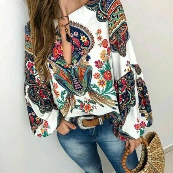 The Best 2019 Fashion Women Lady Boho Floral V-Neck Long Sleeve T-Shirts Summer Autumn Casual Loose Tops Plus Size Online - Hplify
