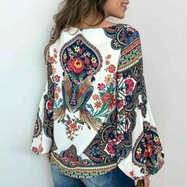 The Best 2019 Fashion Women Lady Boho Floral V-Neck Long Sleeve T-Shirts Summer Autumn Casual Loose Tops Plus Size Online - Hplify