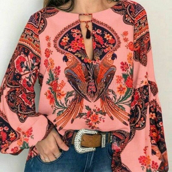 The Best 2019 Fashion Women Lady Boho Floral V-Neck Long Sleeve T-Shirts Summer Autumn Casual Loose Tops Plus Size Online - Hplify