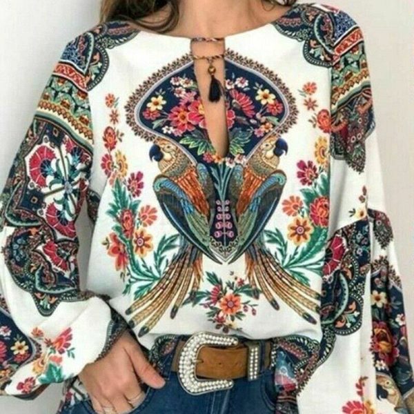 The Best 2019 Fashion Women Lady Boho Floral V-Neck Long Sleeve T-Shirts Summer Autumn Casual Loose Tops Plus Size Online - Hplify