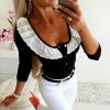 The Best 2019 Fashion Women Lady Sexy Low Cut Long Sleeve Lace V Neck Slim Fit T-Shirt Ladies Autumn Casual Tops Shirt Online - Hplify