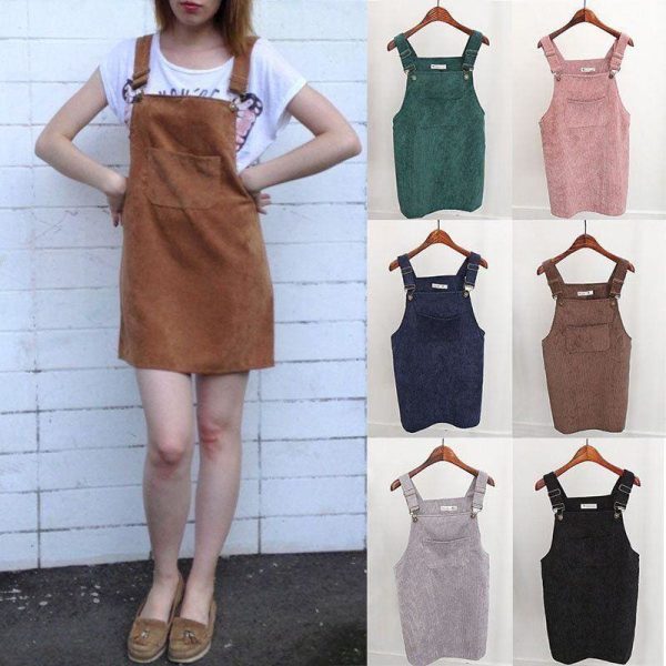 The Best 2019 Fashion Women Retro Corduroy Dress Summer Suspender Sundress Loose Vest Overall Dress Female Natural Casual Dresses Online - Hplify