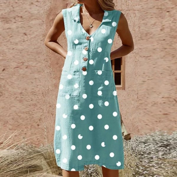 The Best 2019 Fashion Women Sleeveless Summer Polka Dot Dress Beach Ladies V Neck Casual Midi Shirt Beach Sundress Online - Hplify