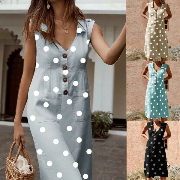 The Best 2019 Fashion Women Sleeveless Summer Polka Dot Dress Beach Ladies V Neck Casual Midi Shirt Beach Sundress Online - Hplify