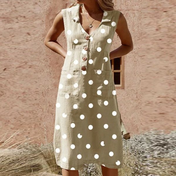 The Best 2019 Fashion Women Sleeveless Summer Polka Dot Dress Beach Ladies V Neck Casual Midi Shirt Beach Sundress Online - Hplify