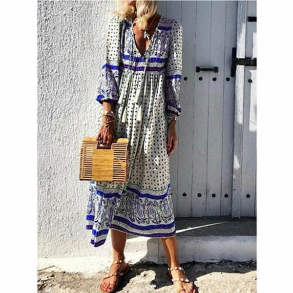 The Best 2019 Fashion Women Summer Boho Long Maxi Dress Ladies Casual Half Sleeve V neck Holiday Party Beach Dress Sundress Online - Hplify