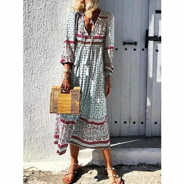 The Best 2019 Fashion Women Summer Boho Long Maxi Dress Ladies Casual Half Sleeve V neck Holiday Party Beach Dress Sundress Online - Hplify