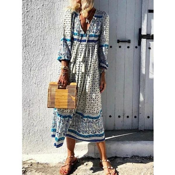 The Best 2019 Fashion Women Summer Boho Long Maxi Dress Ladies Casual Half Sleeve V neck Holiday Party Beach Dress Sundress Online - Hplify