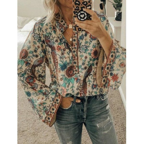 The Best 2019 New Hot Vintage Women Autumn Summer Boho Floral V-Neck Oversize Blouse Tops Plus Size S-XL Loose Ladies Shirts Online - Hplify