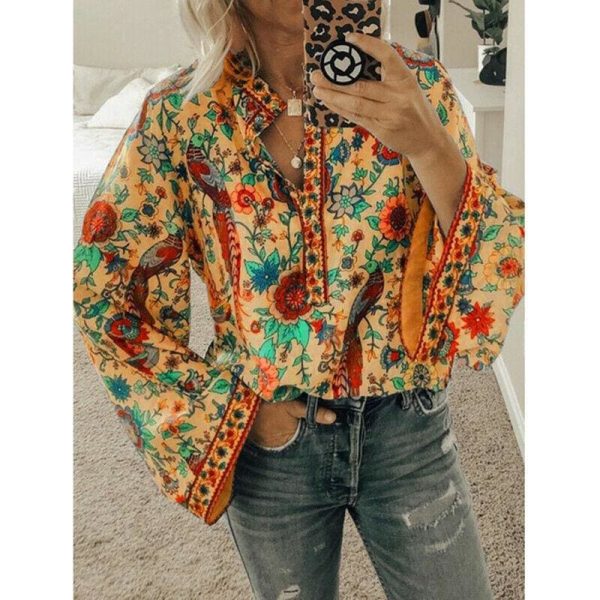 The Best 2019 New Hot Vintage Women Autumn Summer Boho Floral V-Neck Oversize Blouse Tops Plus Size S-XL Loose Ladies Shirts Online - Hplify