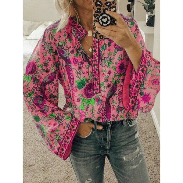 The Best 2019 New Hot Vintage Women Autumn Summer Boho Floral V-Neck Oversize Blouse Tops Plus Size S-XL Loose Ladies Shirts Online - Hplify