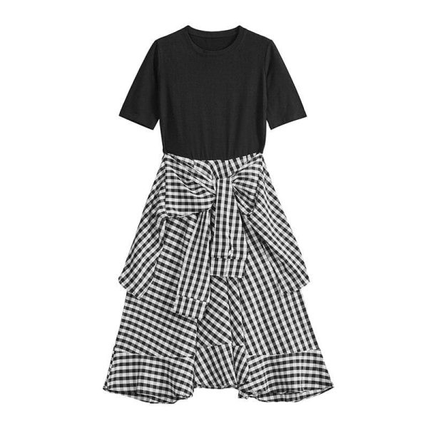 The Best 2019 New Round Neck Half Sleeve Plaid Spliced Ruffle Bandage Dress Online - Hplify