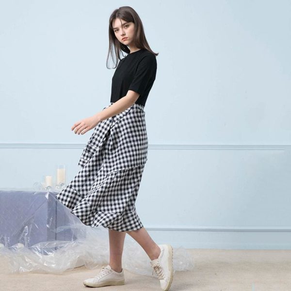 The Best 2019 New Round Neck Half Sleeve Plaid Spliced Ruffle Bandage Dress Online - Hplify