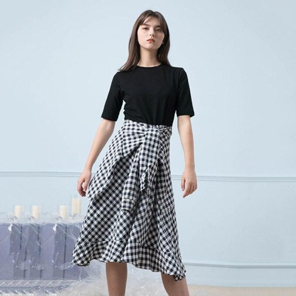 The Best 2019 New Round Neck Half Sleeve Plaid Spliced Ruffle Bandage Dress Online - Hplify