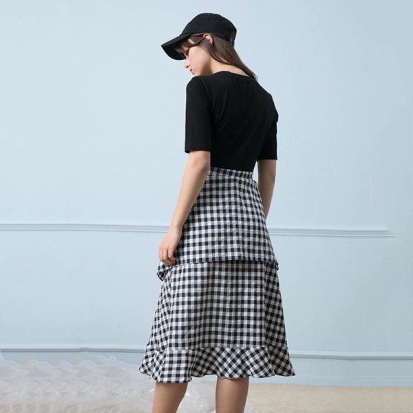 The Best 2019 New Round Neck Half Sleeve Plaid Spliced Ruffle Bandage Dress Online - Hplify