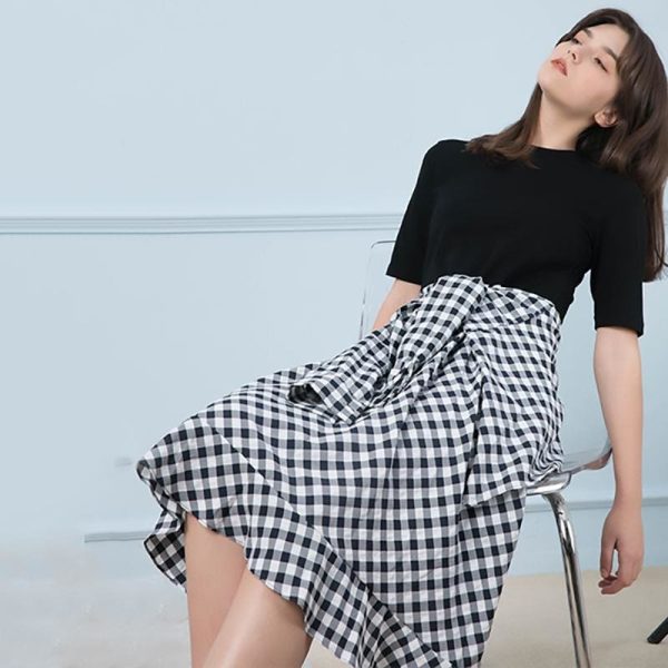 The Best 2019 New Round Neck Half Sleeve Plaid Spliced Ruffle Bandage Dress Online - Hplify