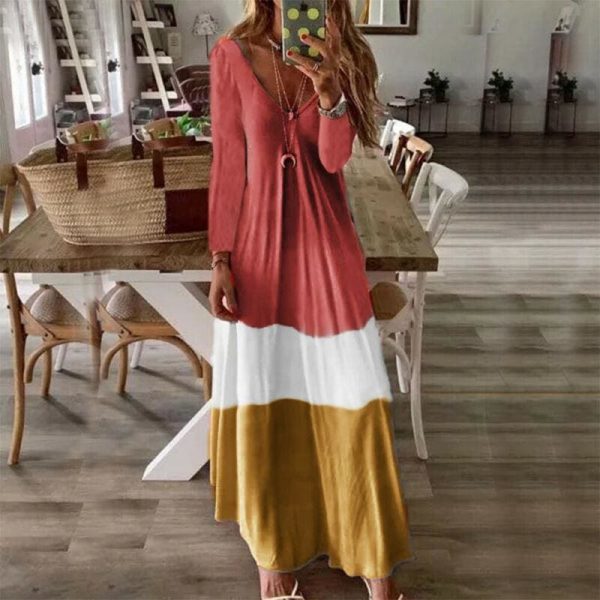 The Best 2019 New Summer Autumn Women Boho V-Neck Splice Long Party Maxi Dress Ladies Casual V neck Kaftan Beach Dress Sundress Online - Hplify
