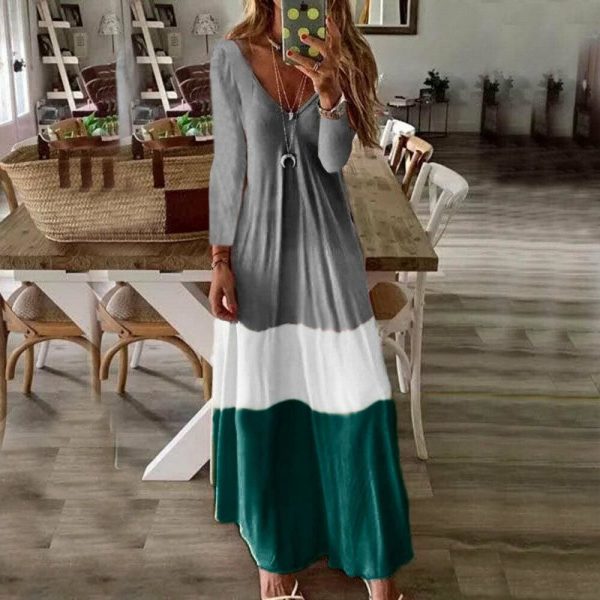 The Best 2019 New Summer Autumn Women Boho V-Neck Splice Long Party Maxi Dress Ladies Casual V neck Kaftan Beach Dress Sundress Online - Hplify