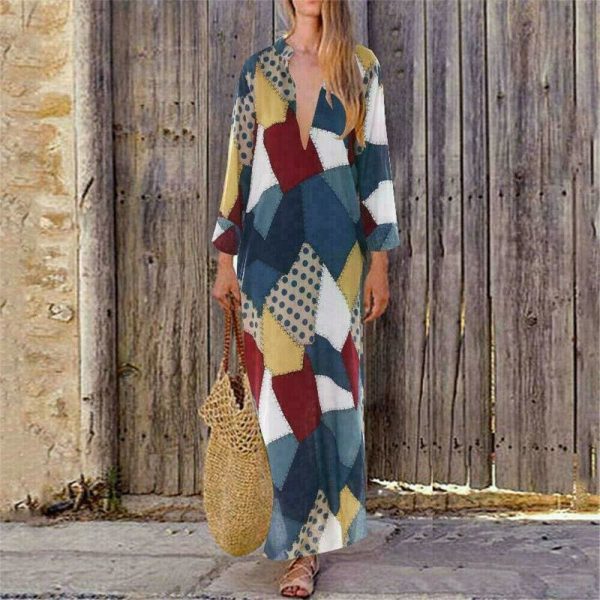 The Best 2019 New Women Boho Baggy Gypsy Kaftan Dress Holiday Loose Long Maxi Fashion Ladies V neck Beach Dress Sundress Online - Hplify