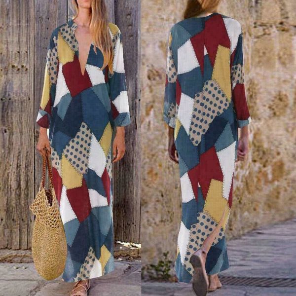 The Best 2019 New Women Boho Baggy Gypsy Kaftan Dress Holiday Loose Long Maxi Fashion Ladies V neck Beach Dress Sundress Online - Hplify