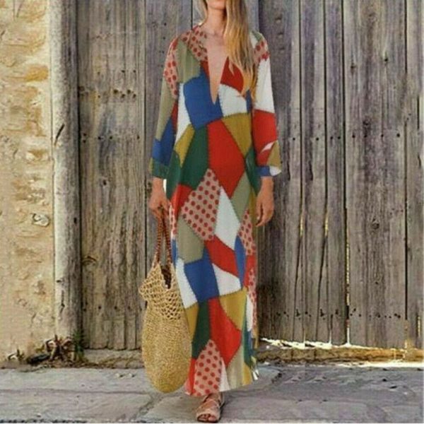 The Best 2019 New Women Boho Baggy Gypsy Kaftan Dress Holiday Loose Long Maxi Fashion Ladies V neck Beach Dress Sundress Online - Hplify