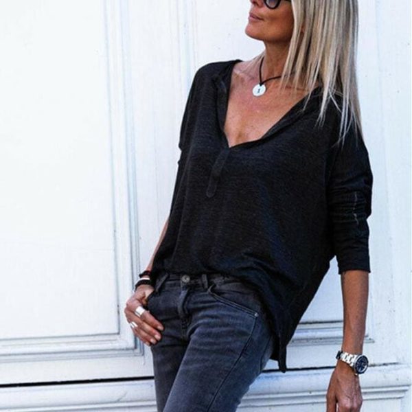 The Best 2019 New Women Cotton Button-down Collar V-neck Long Sleeve Casual Tee Shirt Autumn Loose Blouse Tops Streetwear Online - Hplify