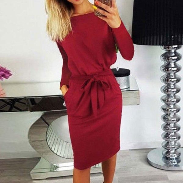 2020 Autumn Midi Party Dress Women Loose Plus Size Dress Female Sexy Casual Knee Length Long Sleeve Dress Ladies With Blet - Hplify