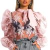 Floral Crochet Women Lace Tops Bow Tied Neck Puff Sleeve Top Sexy See Through Flower Chic Blouse Shirt Transparent Blusa - Hplify