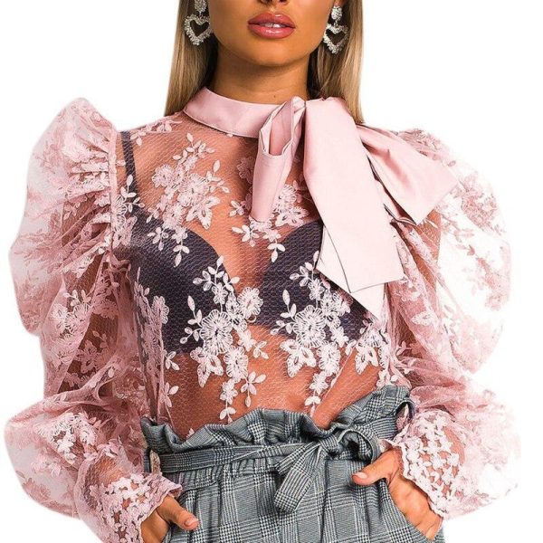 Floral Crochet Women Lace Tops Bow Tied Neck Puff Sleeve Top Sexy See Through Flower Chic Blouse Shirt Transparent Blusa - Hplify