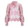 Floral Crochet Women Lace Tops Bow Tied Neck Puff Sleeve Top Sexy See Through Flower Chic Blouse Shirt Transparent Blusa - Hplify