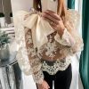 Floral Crochet Women Lace Tops Bow Tied Neck Puff Sleeve Top Sexy See Through Flower Chic Blouse Shirt Transparent Blusa - Hplify