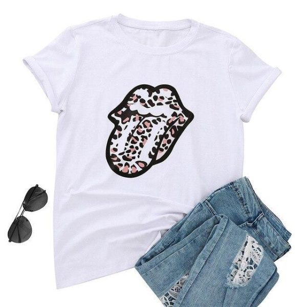 Funny Shirt Women Fashion Sexy Tops and Shirt Casual Funny Leopard Lips Pattern Round Neck Short Sleeve Women Blouse - Hplify