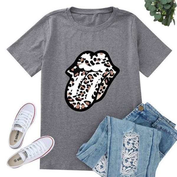 Funny Shirt Women Fashion Sexy Tops and Shirt Casual Funny Leopard Lips Pattern Round Neck Short Sleeve Women Blouse - Hplify