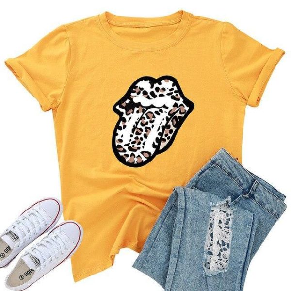 Funny Shirt Women Fashion Sexy Tops and Shirt Casual Funny Leopard Lips Pattern Round Neck Short Sleeve Women Blouse - Hplify